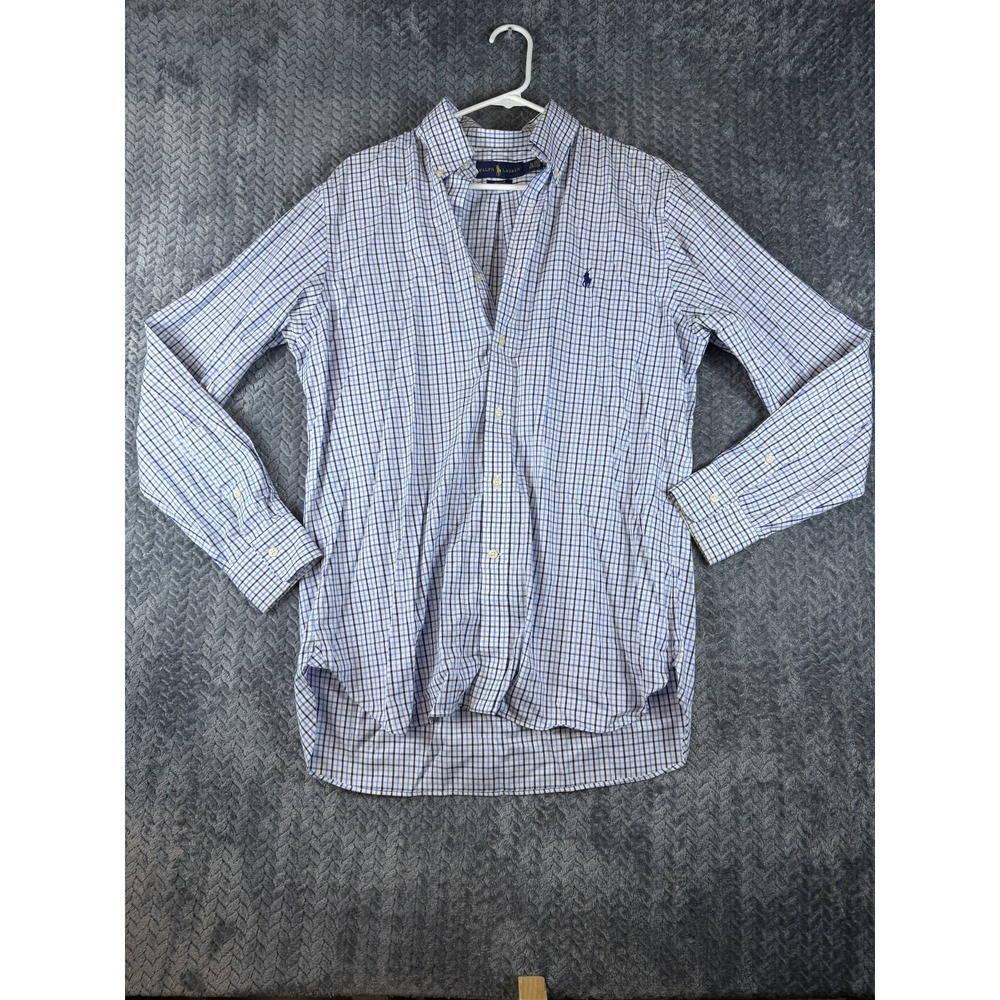 Ralph Lauren Dress Shirt Mens 16 Blue Gingham Check Non Iron Cotton Regular Fit